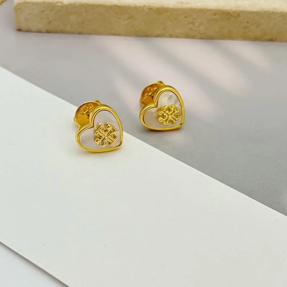 Tory Burch Gold and White Heart stud Earrings
